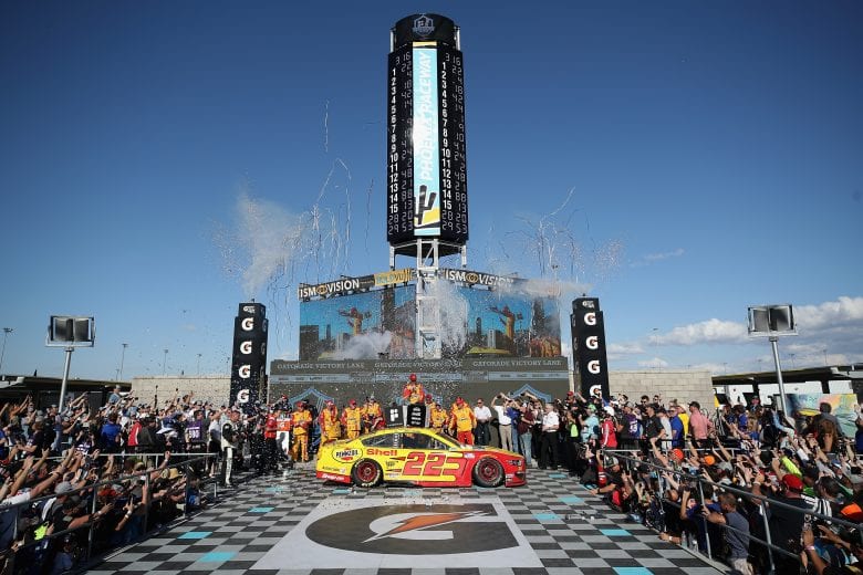 AVONDALE, ARIZONA - MARCH 08: Joey Logano, driver of the #22 Shell Pennzoil Ford, celebrates in Victory Lane after winning the NASCAR Cup Series FanShield 500 at Phoenix Raceway on March 08, 2020 in Avondale, Arizona. (Photo by Christian Petersen/Getty Images) | Getty Images