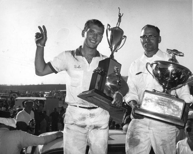 HAMPTON, GA — March 26, 1961:  Bob Burdick’s only NASCAR Cup win came in the Atlanta 500 at Atlanta International Raceway.  Burdick was driving a Pontiac for his dad, Roy Burdick.  This was a part-time, family-owned operation and, despite not being able to afford new tires or a professional pit crew, was still competitive in nearly every race they entered.  They even had to borrow a replacement rear end from a competitor just to make the race in Atlanta.  Roy Burdick nearly won the inaugural Daytona 500 in 1959 with veteran driver Johnny Beauchamp behind the wheel of his Ford Thunderbird, losing in a photo finish to Lee Petty.  (Photo by ISC Images & Archives via Getty Images)
