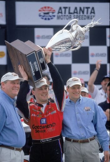 11 Mar 2001:  Driver Kevin Harvick #29 who drives a Chevrolet Monte Carlo for Richard Childress Racing celebrates after winning the Cracker Barrel 500, part of the NASCAR Winston Cup Series at the Atlanta Motorspeedway in Hampton, Georgia.Mandatory Credit: Jon Ferrey  /Allsport