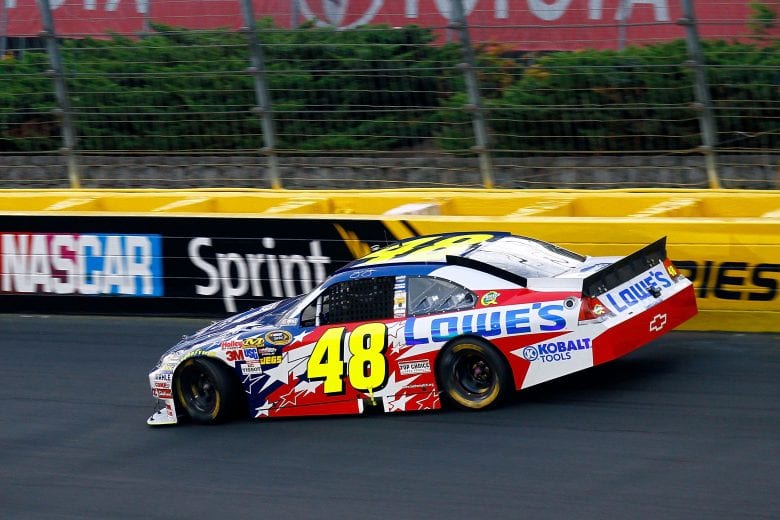 CONCORD, NC - MAY 30:  Jimmie Johnson, driver of the #48 Lowe's Memorial Day Tribute Chevrolet, loses control during the NASCAR Sprint Cup Series Coca-Cola 600 at Charlotte Motor Speedway on May 30, 2010 in Concord, North Carolina.  (Photo by Jason Smith/Getty Images for NASCAR) | Getty Images