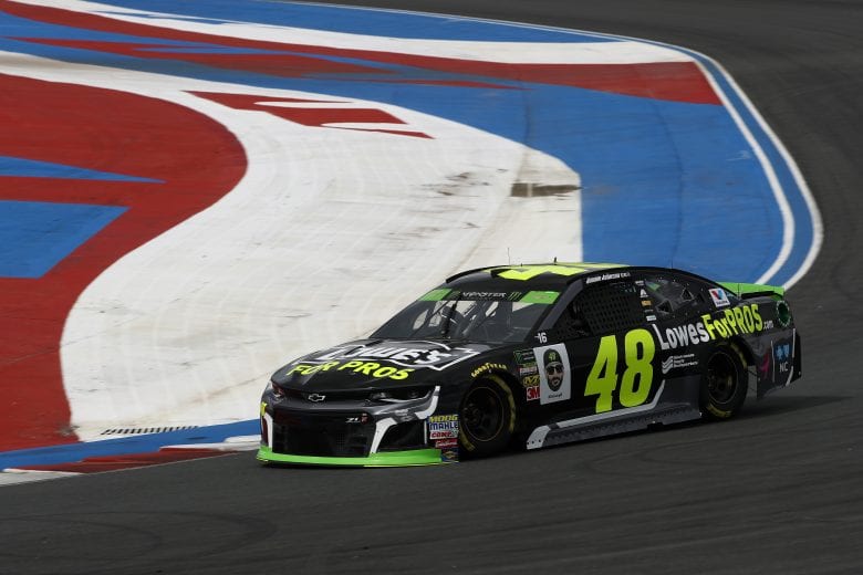CHARLOTTE, NC - SEPTEMBER 28:  Jimmie Johnson, driver of the #48 Lowe's for Pros Chevrolet, drives during practice for the Monster Energy NASCAR Cup Series Bank of America Roval 400 at Charlotte Motor Speedway on September 28, 2018 in Charlotte, North Carolina.  (Photo by Streeter Lecka/Getty Images) | Getty Images