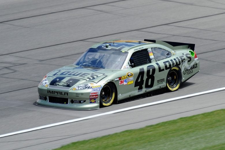 KANSAS CITY, KS - APRIL 20:  Jimmie Johnson, driver of the #48 Lowe's Chevrolet, drives on track during practice for the NASACAR Sprint Cup Series 400 at Kansas Speedway on April 20, 2012 in Kansas City, Kansas.  (Photo by John Harrelson/Getty Images for NASCAR) | Getty Images