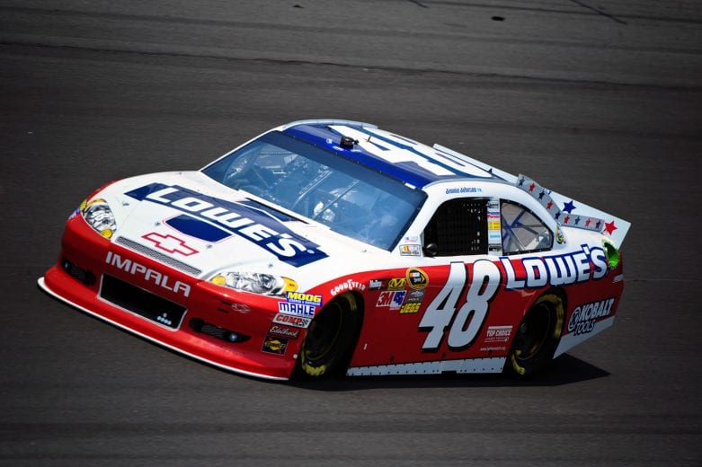 CONCORD, NC - MAY 26: Jimmie Johnson drives the #48 Lowe's Patriotic Chevrolet during practice for the NASCAR Sprint Cup Series Coca-Cola 600 at Charlotte Motor Speedway on May 26, 2012 in Concord, North Carolina. (Photo by Ronald C. Modra/Getty Images)