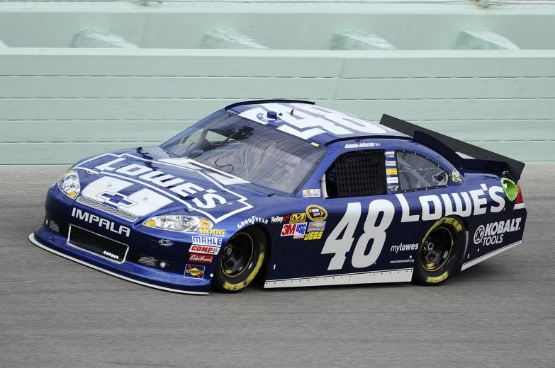 HOMESTEAD, FL - NOVEMBER 17: Jimmie Johnson drives the #48 Lowe's Chevrolet during practice for the NASCAR Sprint Cup Series Ford EcoBoost 400 at Homestead-Miami Speedway on November 17, 2012 in Homestead, Florida. (Photo by Ronald C. Modra/Getty Images)