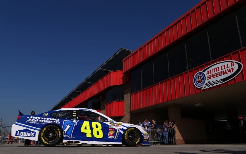 FONTANA, CA - MARCH 23:  Jimmie Johnson, driver of the #48 Lowe's/Jimmie Johnson Foundation Chevrolet, drives to the garage area during practice for the NASCAR Sprint Cup Series Auto Club 400 at Auto Club Speedway on March 23, 2013 in Fontana, California.  (Photo by Tom Pennington/NASCAR via Getty Images)