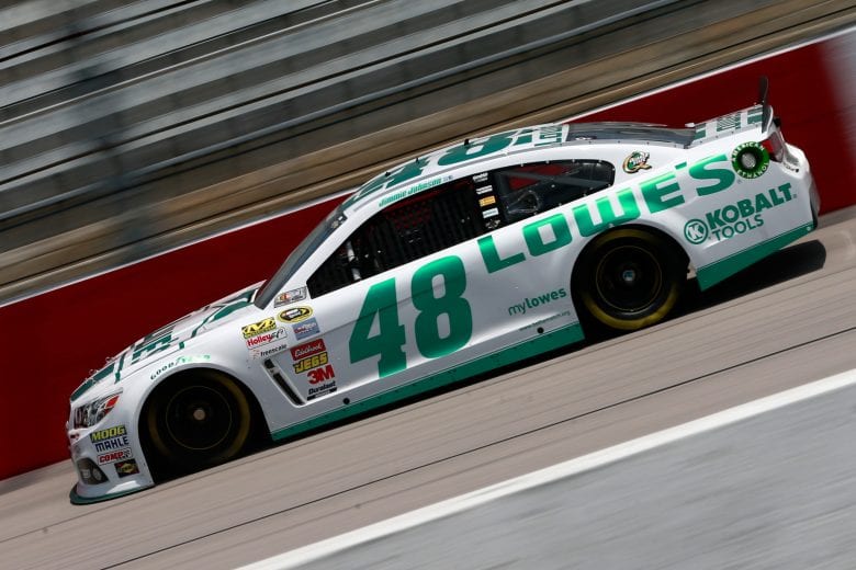 DARLINGTON, SC - MAY 10:  Jimmie Johnson drives the #48 Lowe's Emerald Green Chevrolet during practice for the NASCAR Sprint Cup Series Bojangles' Southern 500 at Darlington Raceway on May 10, 2013 in Darlington, South Carolina.  (Photo by Chris Trotman/NASCAR via Getty Images)