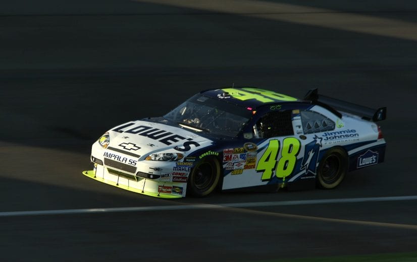 FONTANA, CA - AUGUST 31:  Jimmie Johnson drives the #48 Lowe's/Jimmie Johnson Foundation Chevrolet during the NASCAR Sprint Cup Series Pepsi 500 at Auto Club Speedway on August 31, 2008 in Fontana, California.  (Photo by Stephen Dunn/Getty Images) | Getty Images