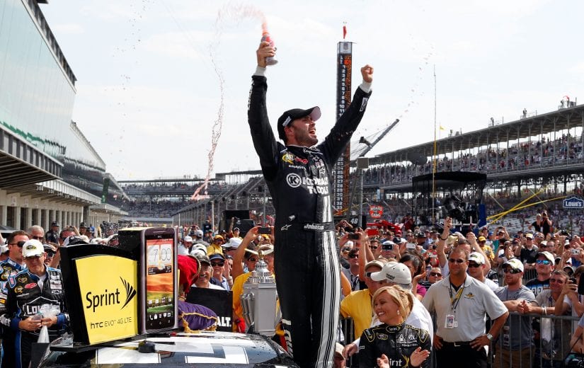 INDIANAPOLIS, IN - JULY 29:  Jimmie Johnson, driver of the #48 Lowe's/Kobalt Tools Chevrolet, celebrates in Victory Lane after winning the NASCAR Sprint Cup Series Crown Royal presents the Curtiss Shaver 400 at the Brickyard at Indianapolis Motor Speedway on July 29, 2012 in Indianapolis, Indiana.  (Photo by Tyler Barrick/Getty Images) | Getty Images