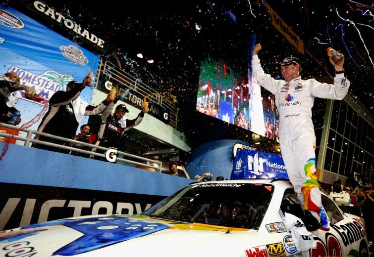 HOMESTEAD, FL - NOVEMBER 15: Matt Kenseth, driver of the #20 GameStop/Rock Candy Toyota, celebrates in victory lane after winning the NASCAR Nationwide Series Ford EcoBoost 300 at Homestead-Miami Speedway on November 15, 2014 in Homestead, Florida. (Photo by Sean Gardner/Getty Images) | Getty Images