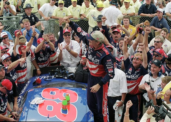 7 Aug 1999: Driver Dale Jarrett celebrates after the Brickyard 400, part of the NASCAR Winston Cup Series at the Indianapolis Motor Speedway in Indianapolis, Indiana.