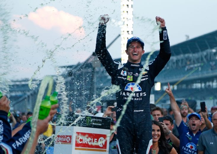 INDIANAPOLIS, IN - JULY 23:  Kasey Kahne, driver of the #5 Farmers Insurance Chevrolet, celebrates in Victory Lane after winning the Monster Energy NASCAR Cup Series Brickyard 400 at Indianapolis Motorspeedway on July 23, 2017 in Indianapolis, Indiana.  (Photo by Brian Lawdermilk/Getty Images) | Getty Images