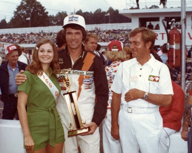 MARTINSVILLE, VA — April 25, 1976:  Darrell Waltrip celebrates in victory lane at Martinsville Speedway after winning the Virginia 500 NASCAR Cup race.  It was Waltrip’s third career Cup victory, but the first in Cup racing for the DiGard race team’s new sponsor Gatorade.  (Photo by ISC Images & Archives via Getty Images)