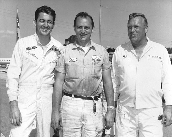 MARTINSVILLE, VA — Late-1960s:  NASCAR drivers Bobby Allison (L) and Ray Hendrick (R) with Jack Tant (C) at Martinsville Speedway.  Tant, a legendary engine builder, co-owned the Modified stock cars Hendrick drove along with his partner Clayton Mitchell.  (Photo by ISC Images & Archives via Getty Images)