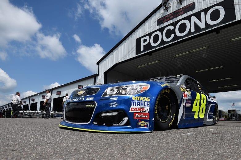 LONG POND, PA - JULY 29:  Jimmie Johnson, driver of the #48 Lowe's Chevrolet, drives in the garage area during practice for the NASCAR Sprint Cup Series Pennsylvania 400 at Pocono Raceway on July 29, 2016 in Long Pond, Pennsylvania.  (Photo by Rainier Ehrhardt/NASCAR via Getty Images)