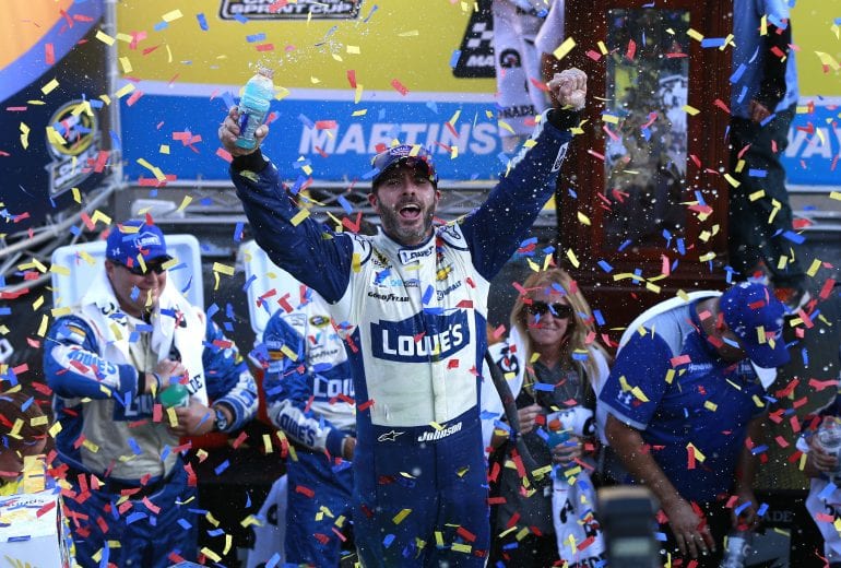 MARTINSVILLE, VA - OCTOBER 30:  Jimmie Johnson, driver of the #48 Lowe's Chevrolet, celebrates in Victory Lane after winning the NASCAR Sprint Cup Series Goody's Fast Relief 500 at Martinsville Speedway on October 30, 2016 in Martinsville, Virginia.  (Photo by Matt Sullivan/NASCAR via Getty Images)
