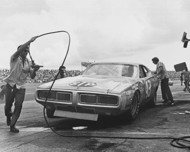 RICHMOND, VA - SEPTEMBER 9: Richard Petty driver of the #43 STP Dodge is in the pits during the 1973 NASCAR Winston Cup Capital City 500 at the Richmond International Raceway on September 9, 1973 in Richmond, Virginia. Petty would go onto win the 1973 Capital City 500. (Photo by ISC Archives/CQ-Roll Call Group via Getty Images)