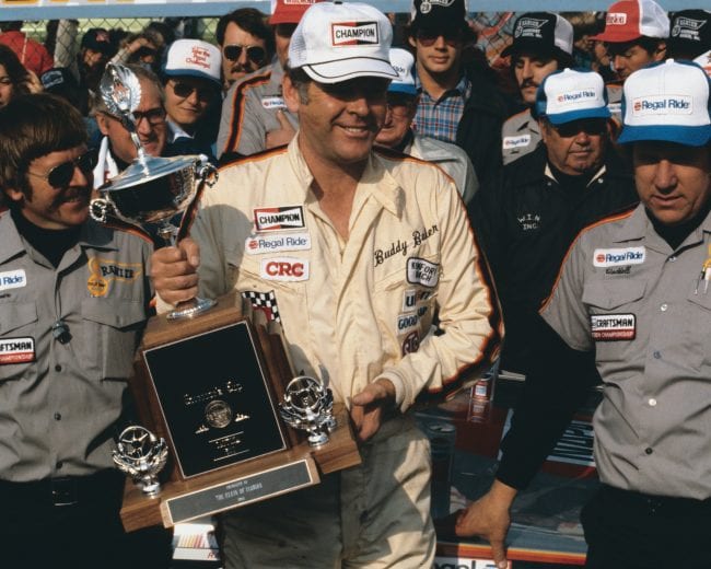 DAYTONA BEACH, FL - FEBRUARY 17:  Buddy Baker driver of the #28 Oldsmobile celebrates in victory lane after winning the Winston Cup Daytona 500 on February 17, 1980 at the Daytona International Speedway in Daytona Beach, Florida.  (Photo by ISC Archives/CQ-Roll Call Group via Getty Images)