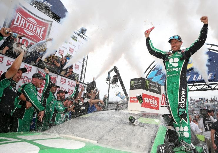 DOVER, DELAWARE - OCTOBER 06: Kyle Larson, driver of the #42 Clover Chevrolet, celebrates in Victory Lane after winning the Monster Energy NASCAR Cup Series Drydene 400 at Dover International Speedway on October 06, 2019 in Dover, Delaware. (Photo by Matt Sullivan/Getty Images) | Getty Images