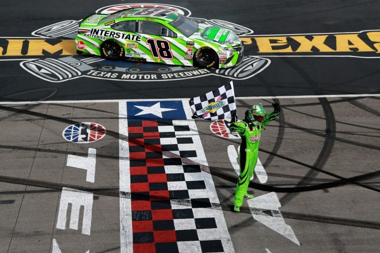 FORT WORTH, TX - APRIL 08:  Kyle Busch, driver of the #18 Interstate Batteries Toyota, celebrates winning the Monster Energy NASCAR Cup Series O'Reilly Auto Parts 500 at Texas Motor Speedway on April 8, 2018 in Fort Worth, Texas.  (Photo by Sean Gardner/Getty Images) | Getty Images