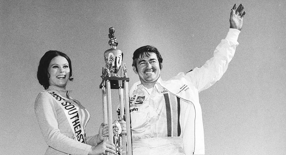 BRISTOL, TN — April 9, 1972: Bobby Allison in victory lane after winning the Southeastern 500 NASCAR Cup race at Bristol International Speedway. Allison would also go on to win the Volunteer 500 later in the year at Bristol, part of a 10 win season for Allison and the Coca-Cola Chevrolets owned by Richard Howard. (Photo by ISC Images & Archives via Getty Images)