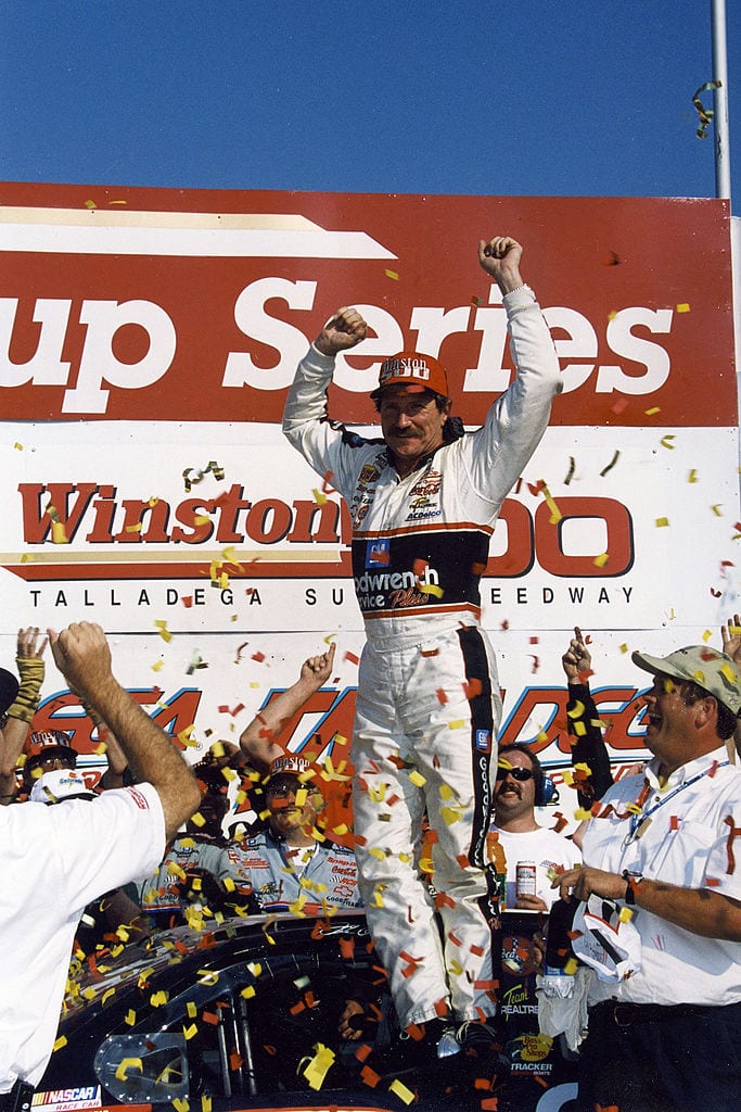 TALLADEGA, AL - OCTOBER 15, 2000:  Dale Earnhardt celebrates his win in the Winston 500 NASCAR Cup race at Talladega Superspeedway. It would be the final Cup win of his career. (Photo by ISC Images & Archives via Getty Images)