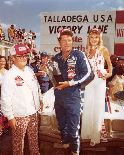 TALLADEGA, AL — May 14, 1975:  After starting on the pole position, Buddy Baker drove to victory in the Winston 500 NASCAR Cup race at Talladega Superspeedway.  Baker also won the Talladega 500 in August, giving him a sweep of the two Cup events at the Alabama speed plant.  (Photo by ISC Images & Archives via Getty Images)