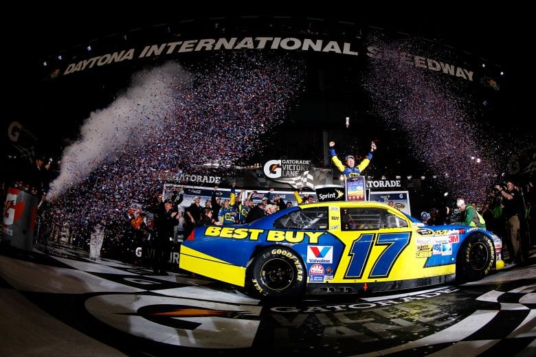 DAYTONA BEACH, FL - FEBRUARY 27: Matt Kenseth, driver of the #17 Best Buy Ford, celebrates in Victory Lane after winning the NASCAR Sprint Cup Series Daytona 500 at Daytona International Speedway on February 27, 2012 in Daytona Beach, Florida. (Photo by Todd Warshaw/Getty Images for NASCAR) | Getty Images