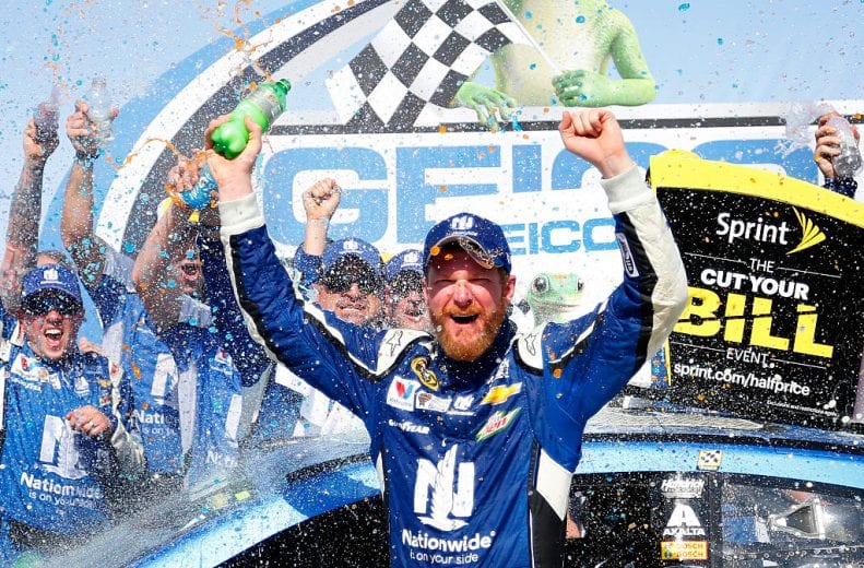 TALLADEGA, AL - MAY 03:  Dale Earnhardt Jr., driver of the #88 Nationwide Chevrolet, celebrates in victory lane after winning the NASCAR Sprint Cup Series GEICO 500 at Talladega Superspeedway on May 3, 2015 in Talladega, Alabama.  (Photo by Matt Sullivan/Getty Images) | Getty Images