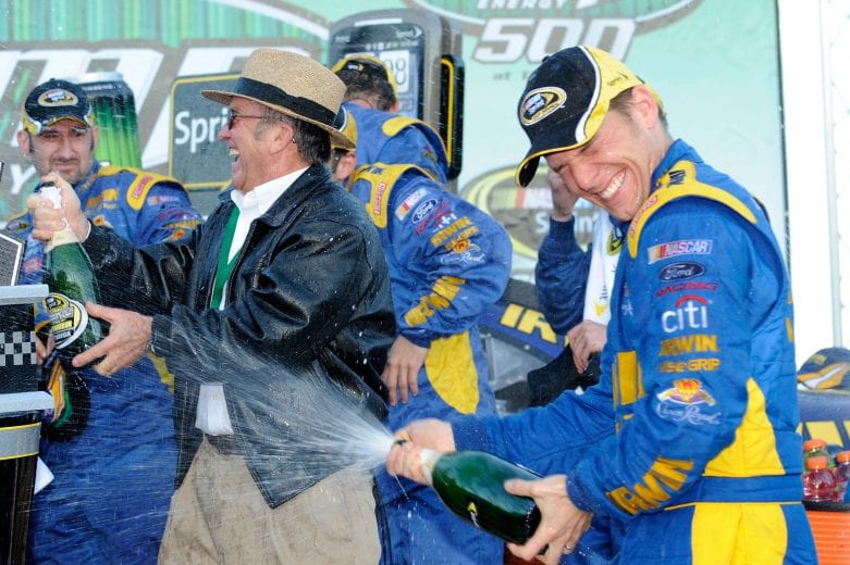 TALLADEGA, AL - NOVEMBER 01: Team owner Jack Roush (L) and Jamie McMurray (R), driver of the #26 IRWIN Marathon Ford, celebrate in victory lane after winning the NASCAR Sprint Cup Series AMP Energy 500 at Talladega Superspeedway on November 1, 2009 in Talladega, Alabama. (Photo by John Harrelson/Getty Images for NASCAR) | Getty Images