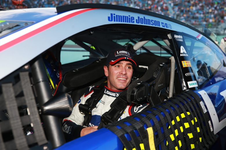 HOMESTEAD, FL - NOVEMBER 18: Jimmie Johnson, driver of the #48 Lowe's Rookie Throwback Chevrolet, sits in his car on the grid during pre-race ceremonies for Monster Energy NASCAR Cup Series Ford EcoBoost 400 at Homestead-Miami Speedway on November 18, 2018 in Homestead, Florida. (Photo by Matt Sullivan/Getty Images) | Getty Images