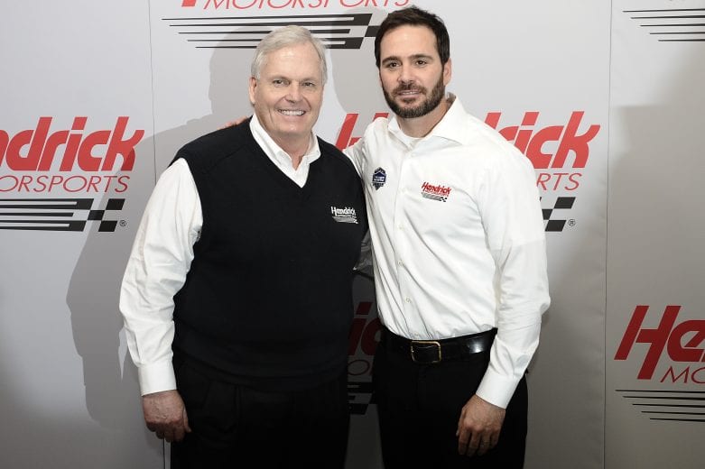 CONCORD, NC - JANUARY 25: Rick Hendrick(R), owner of Hendrick Motorsports, and Jimmie Johnson, driver of the #48 Lowe's/Kobalt Tools Chevrolet, pose for a photo during the 2012 NASCAR Sprint Cup Series Media Tour hosted by Charlotte Motor Speedway on January 25, 2012 in Concord, North Carolina. (Photo by Jared C. Tilton/Getty Images for NASCAR) | Getty Images