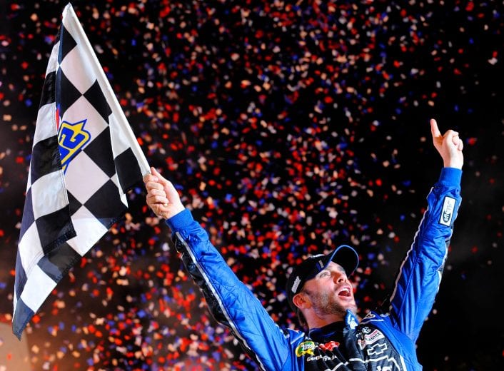 FORT WORTH, TX - NOVEMBER 04: Jimmie Johnson, driver of the #48 Lowe's Chevrolet, celebrates with the checkered flag in Victory Lane after winning the NASCAR Sprint Cup Series AAA Texas 500 at Texas Motor Speedway on November 4, 2012 in Fort Worth, Texas. (Photo by Jared C. Tilton/Getty Images for NASCAR) | Getty Images