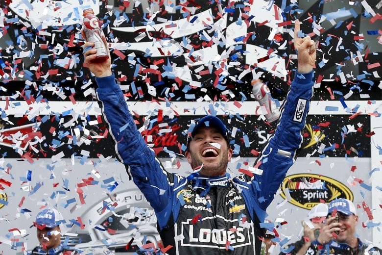 DAYTONA BEACH, FL - FEBRUARY 24: Jimmie Johnson, driver of the #48 Lowe's Chevrolet, celebrates in victory lane after winning the NASCAR Sprint Cup Series Daytona 500 at Daytona International Speedway on February 24, 2013 in Daytona Beach, Florida. (Photo by Chris Graythen/Getty Images) | Getty Images