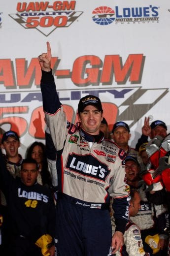 C0NCORD, NC - OCTOBER 16: Jimmie Johnson, driver of the #48 Lowes Chevrolet, celebrates winning the NASCAR Nextel Cup Series UAW-GM Quality 500 on October 16, 2004 at Lowes Motor Speedway in Concord, North Carolina. (Photo by Rusty Jarrett/Getty Images) | Getty Images
