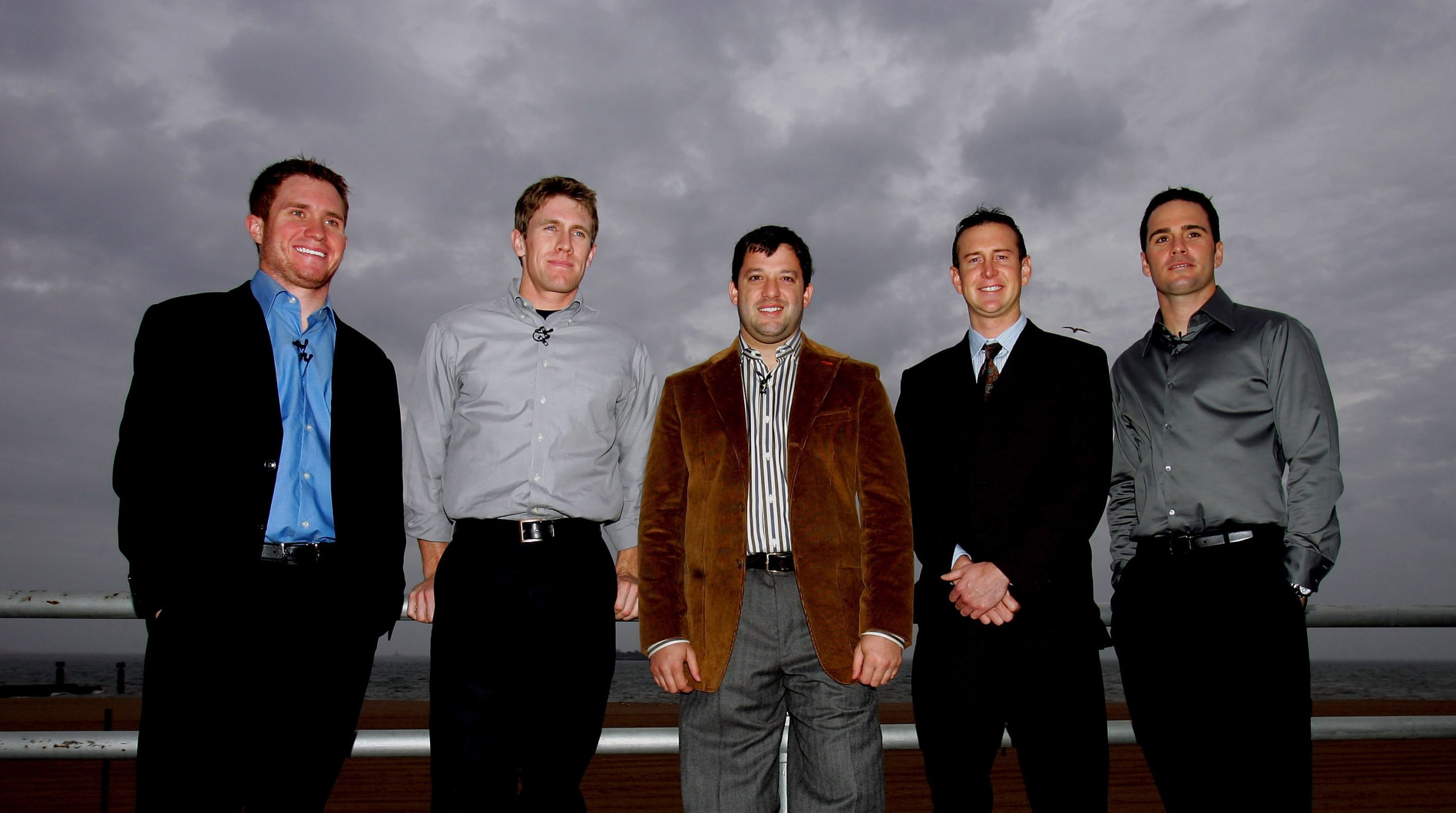 NEW YORK - NOVEMBER 29: (L-R) Brian Vickers, Carl Edwards, Tony Stewart, 2005 NASCAR NEXTEL Series champion, Kurt Busch and Jimmie Johnson pose during NASCAR Champions Week on November 29, 2005 in the Staten Island Borough of New York City. (Photo by Chris Trotman/Getty Images) | Getty Images