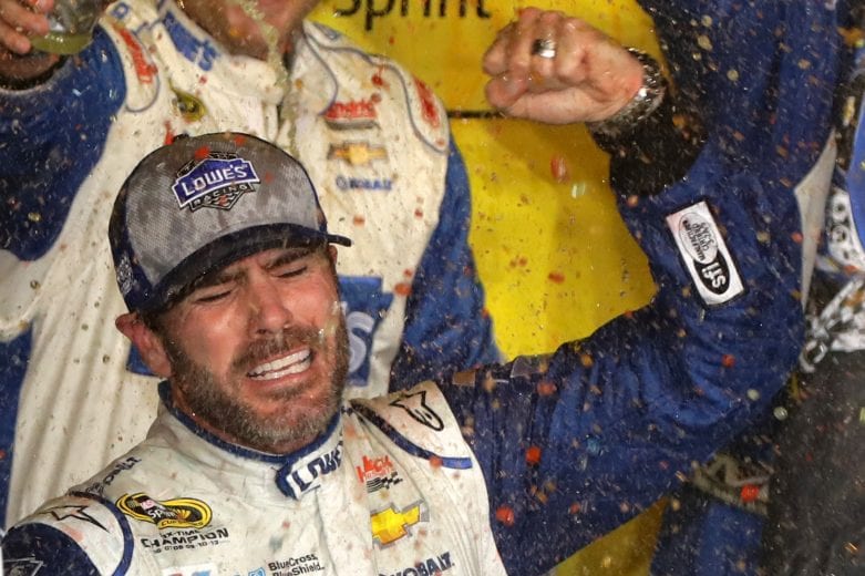 HOMESTEAD, FL - NOVEMBER 20: Jimmie Johnson, driver of the #48 Lowe's Chevrolet, celebrates in Victory Lane after winning the NASCAR Sprint Cup Series Ford EcoBoost 400 and the 2016 NASCAR Sprint Cup Series Championship at Homestead-Miami Speedway on November 20, 2016 in Homestead, Florida. Johnson wins a record-tying 7th NASCAR title. (Photo by Sean Gardner/NASCAR via Getty Images)