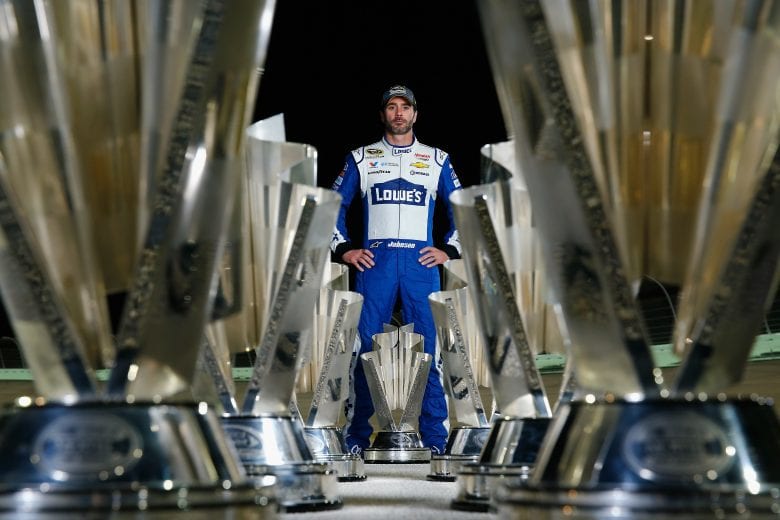 HOMESTEAD, FL - NOVEMBER 20: Jimmie Johnson, driver of the #48 Lowe's Chevrolet, poses for a portrait after winning the 2016 NASCAR Sprint Cup Series Championship at Homestead-Miami Speedway on November 20, 2016 in Homestead, Florida. (Photo by Jonathan Ferrey/NASCAR via Getty Images)