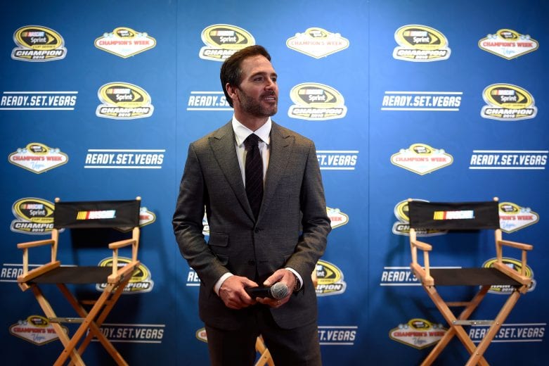 LAS VEGAS, NV - DECEMBER 01: NASCAR Sprint Cup champion Jimmie Johnson looks on during media availability after the NASCAR NMPA Myers Brothers Awards Luncheon at Wynn Las Vegas on December 1, 2016 in Las Vegas, Nevada. (Photo by David Becker/NASCAR via Getty Images)