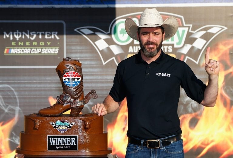 FORT WORTH, TX - APRIL 09: Jimmie Johnson, driver of the #48 Lowe's Chevrolet, poses with the trophy in Victory Lane after winning the Monster Energy NASCAR Cup Series O'Reilly Auto Parts 500 at Texas Motor Speedway on April 9, 2017 in Fort Worth, Texas. (Photo by Sean Gardner/Getty Images) | Getty Images