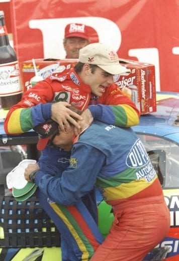 10 Aug 1997: Jeff Gordon celebrates with his crew after the NASCAR Bud at the Glen at Watkins Glen International Speedway in Watkins Glen, New York. Mandatory Credit: Craig Jones /Allsport