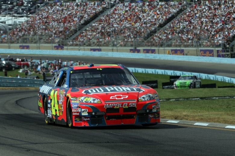 WATKINS GLEN, NY - AUGUST 12: Jeff Gordon, driver of the #24 DuPont Chevrolet, leads Jeremy Mayfield, driver of the #36 360 OTC Toyota, during the NASCAR Nextel Cup Series Centurion Boats at The Glen at Watkins Glen International on August 12, 2007 in Watkins Glen, New York. (Photo by Chris Trotman/Getty Images) | Getty Images