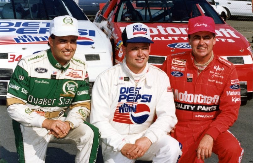 WATKINS GLEN. NY - AUGUST 14: Bodine brothers Bret, left, Todd, center and Geoff, right pose before The Bud At The Glen race on August 14, 1994 at Watkins International in Watkins Glen, New York. (Photo by Dozier Mobley/Getty Images)