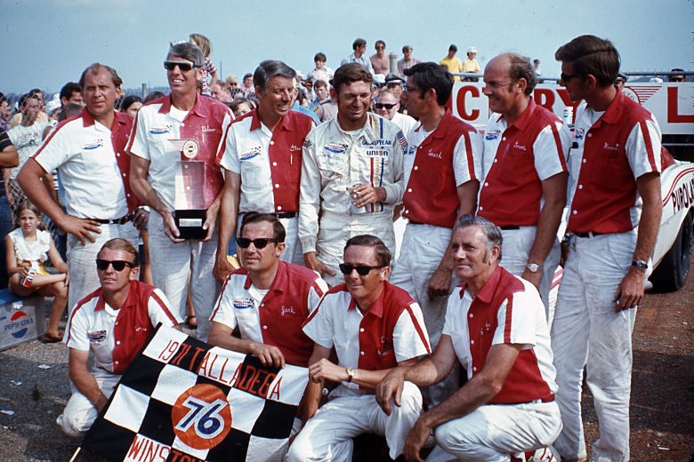 TALLADEGA, AL - MAY 16, 1971: Donnie Allison enjoys victory lane after winning the Winston 500 NASCAR Cup race at Alabama International Motor Speedway. The race featured a trio of firsts. It was AllisonÕs first-ever start at Talladega and his first win for the Wood Brothers since taking over the ride from A. J. Foyt. It was also the first NASCAR Cup race to be sponsored by the R. J. Reynolds Tobacco Company and their Winston brand of cigarettes. The following year, Winston would go on to sponsor the entire Cup series. (Photo by ISC Images & Archives via Getty Images)