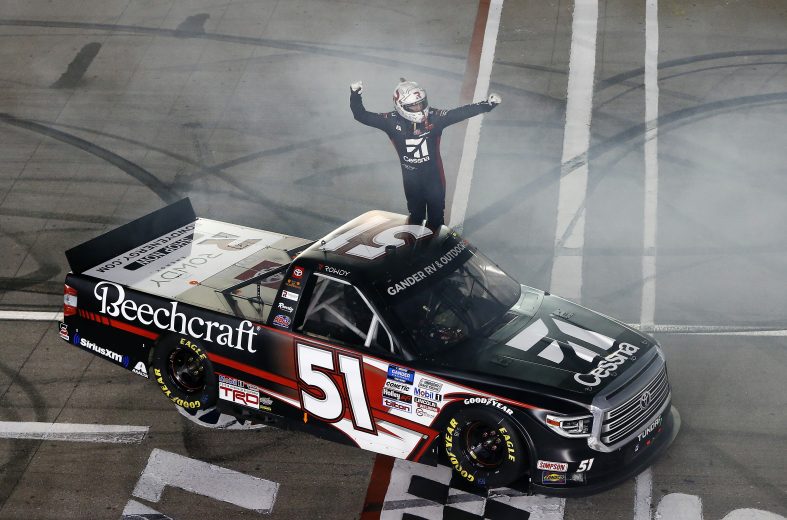 LAS VEGAS, NEVADA - FEBRUARY 21: Kyle Busch, driver of the #51 Cessna Toyota, celebrates during the NASCAR Gander RV & Outdoor Strat 200 at Las Vegas Motor Speedway on February 21, 2020 in Las Vegas, Nevada. (Photo by Jonathan Ferrey/Getty Images) | Getty Images