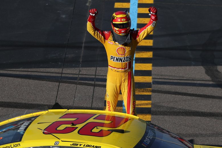 AVONDALE, ARIZONA - MARCH 08: Joey Logano, driver of the #22 Shell Pennzoil Ford, celebrates after winning the NASCAR Cup Series FanShield 500 at Phoenix Raceway on March 08, 2020 in Avondale, Arizona. (Photo by Chris Graythen/Getty Images) | Getty Images
