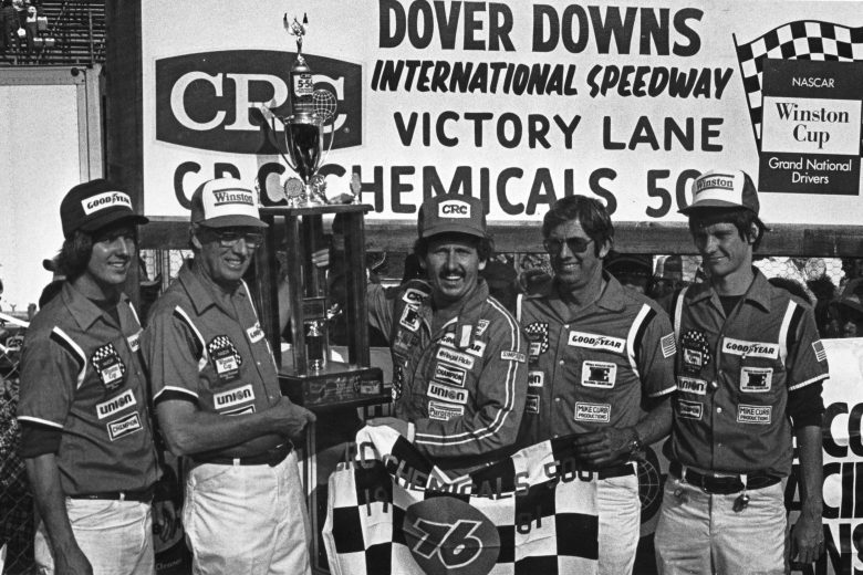 DOVER, DE — September 20, 1981: Neil Bonnett is joined by the Wood Brothers in victory lane at Dover Downs International Speedway after he drove the Woods’ Mercury to victory in the CRC Chemicals 500 NASCAR Cup event. (Photo by ISC Images & Archives via Getty Images)