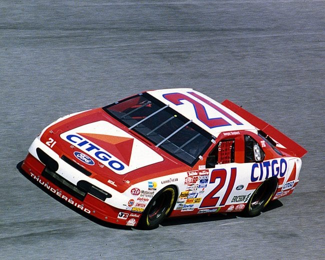 UNKNOWN — Early-1990s: Morgan Shepherd drove the Wood Brothers Citgo Ford Thunderbird on the NASCAR Cup circuit from 1992 through 1995. In 121 starts, the team scored one victory and finished in the top ten 52 times. (Photo by ISC Images & Archives via Getty Images)