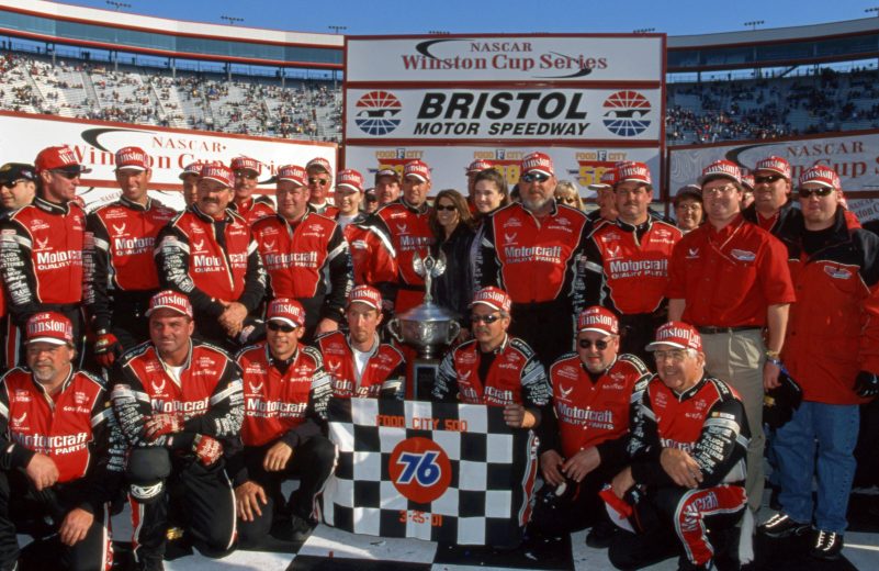 BRISTOL, TN September 25, 2001: Elliott Sadler and the Wood Brothers team celebrate in victory lane at Bristol Motor Speedway after Sadler won the Food City 500 NASCAR Cup race, the first Cup victory of his career (Photo by ISC Images & Archives via Getty Images)