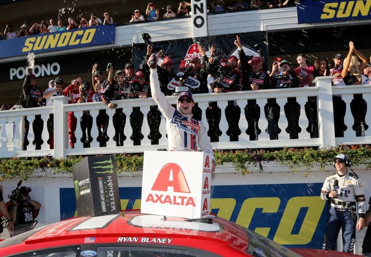 LONG POND, PA - JUNE 11: Ryan Blaney, driver of the #21 Motorcraft/Quick Lane Tire & Auto Center Ford, celebrates in Victory Lane after winning the Monster Energy NASCAR Cup Series Axalta presents the Pocono 400 at Pocono Raceway on June 11, 2017 in Long Pond, Pennsylvania. (Photo by Jerry Markland/Getty Images) | Getty Images