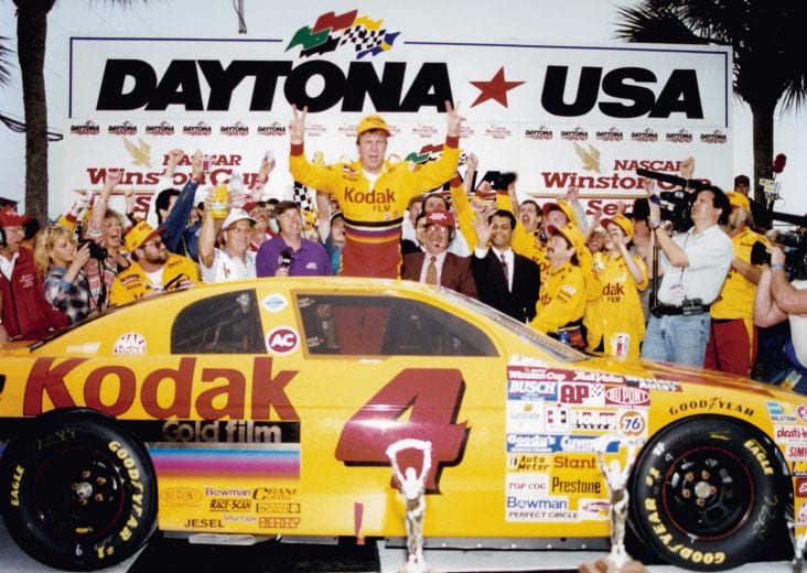 DAYTONA BEACH, FL - FEBRUARY 19, 1995:  There?s no better way to celebrate a Daytona 500 win than with another! Here 1994 and now 1995 winner Sterling Marlin celebrates with his Morgan-McClure Racing team.  (Photo by ISC Archives/CQ-Roll Call Group via Getty Images)